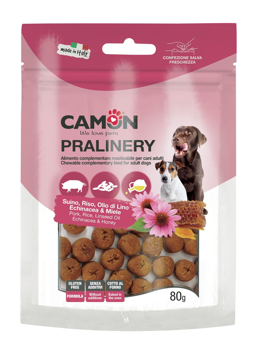 Camon - Snack al Maiale MONOPROTEICO Privo di Glutine Made in Italy per Cani Pralinery 80g