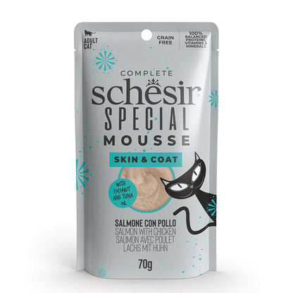 Schesir - Bustine di Umido in Mousse di Salmone con Pollo per Gatti Adulti Skin & Coat Special Mousse 70g