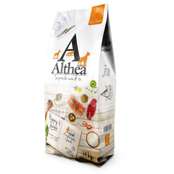 crocchette per cuccioli di taglia grande, cibo secco puppy e junior, crocchette al salmone per cuccioli, crocchette con proteine di manzo e agnello, crocchette con calcio e uova per cuccioli, Althea Puppy Junior cibo naturale, crocchette wellness per cuccioli