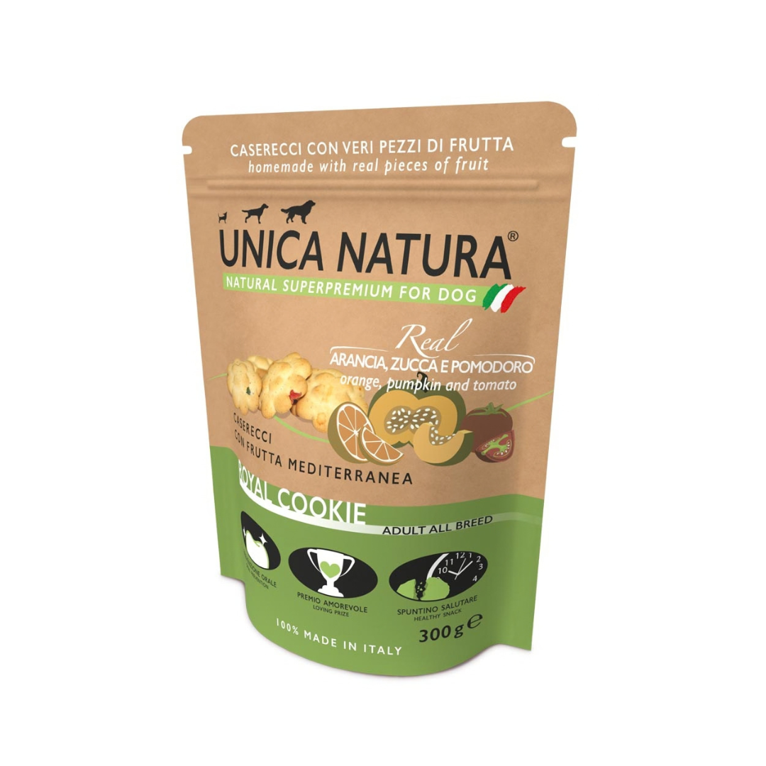 biscotto cane, biscotti cane, biscotti per cani con frutta, biscotti cane frutta e verdura, snack per cani adulti, biscotti per cani adulti, biscotti caserecci per cani, snack cane con arancia, biscotti cane con zucca, biscotti cane con pomodoro, biscotti morbidi per cani, snack goloso per cani, premio per cani adulti, biscotti cane 300 g, Unica Natura Real Caserecci
