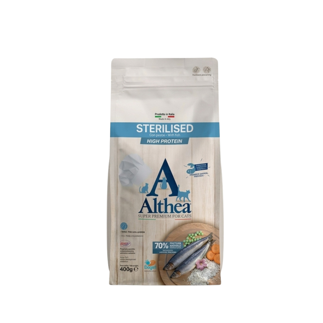 crocchette gatto sterilizzato, crocchette gatti sterilizzati, Althea Sterilised Super Premium, cibo per gatto sterilizzato, crocchette gatto con pesce, crocchette gatto controllo peso, alimento secco per gatti sterilizzati