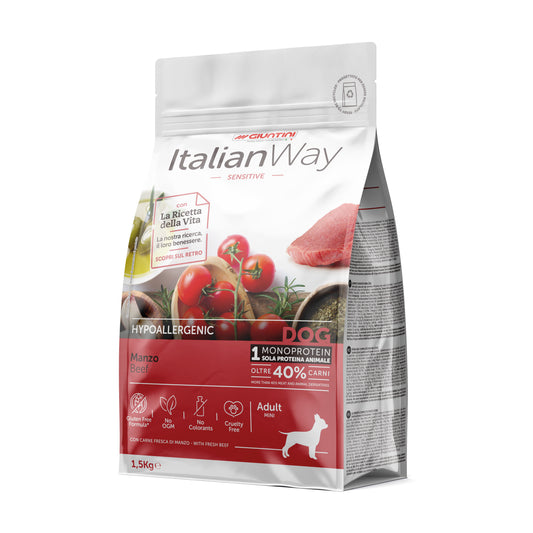 crocchette monoproteiche cane, crocchette monoproteiche manzo, ItalianWay Sensitive Manzo, ItalianWay Manzo Monoproteico Mini, crocchette cane piccola taglia, crocchette cane taglia mini, crocchette manzo cane adulto, alimento monoproteico cane adulto, crocchette per cani mini, crocchette per cani di piccola taglia, ItalianWay Sensitive Mini, crocchette monoproteiche 1,5 kg, crocchette monoproteiche 8 kg