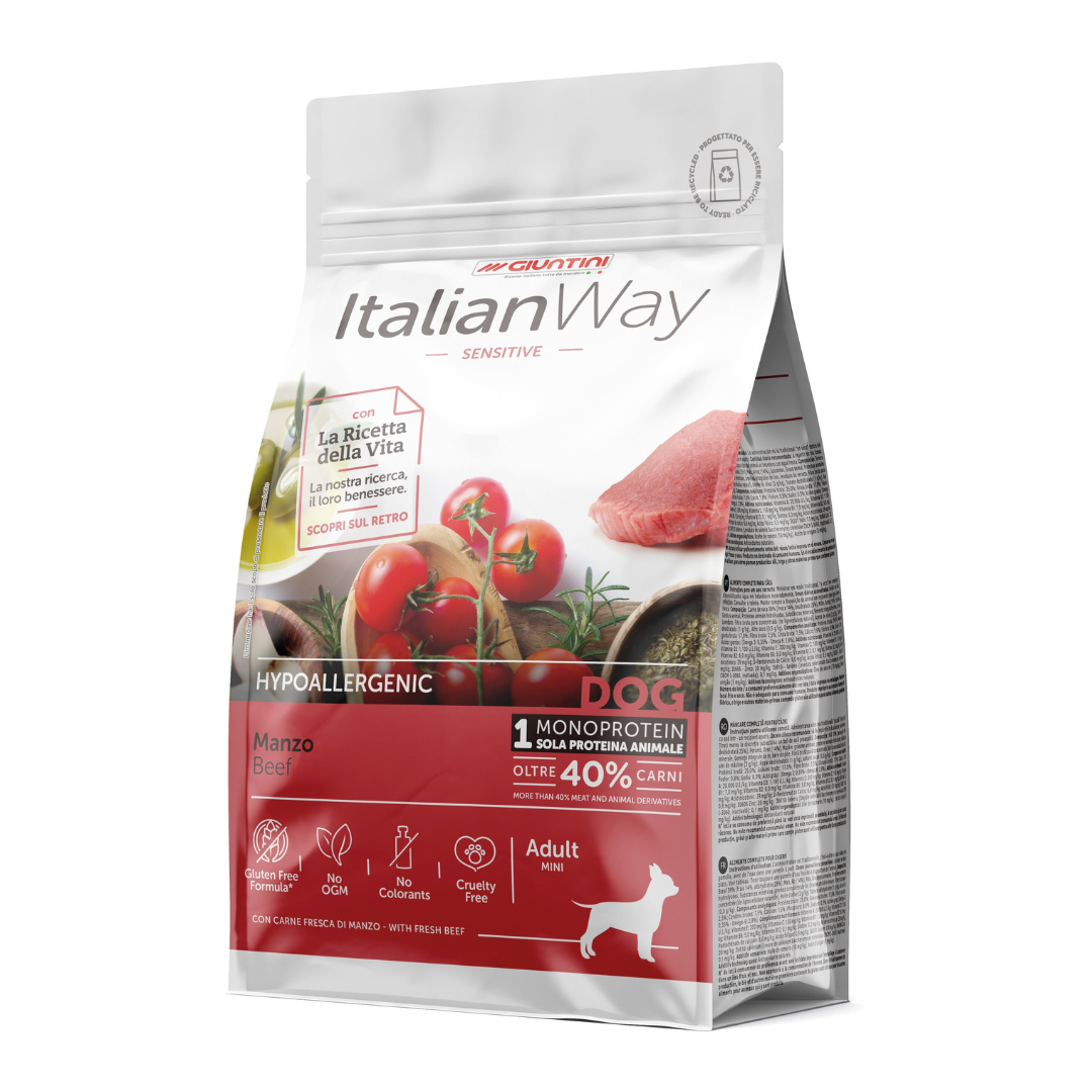 crocchette monoproteiche cane, crocchette monoproteiche manzo, ItalianWay Sensitive Manzo, ItalianWay Manzo Monoproteico Mini, crocchette cane piccola taglia, crocchette cane taglia mini, crocchette manzo cane adulto, alimento monoproteico cane adulto, crocchette per cani mini, crocchette per cani di piccola taglia, ItalianWay Sensitive Mini, crocchette monoproteiche 1,5 kg, crocchette monoproteiche 8 kg