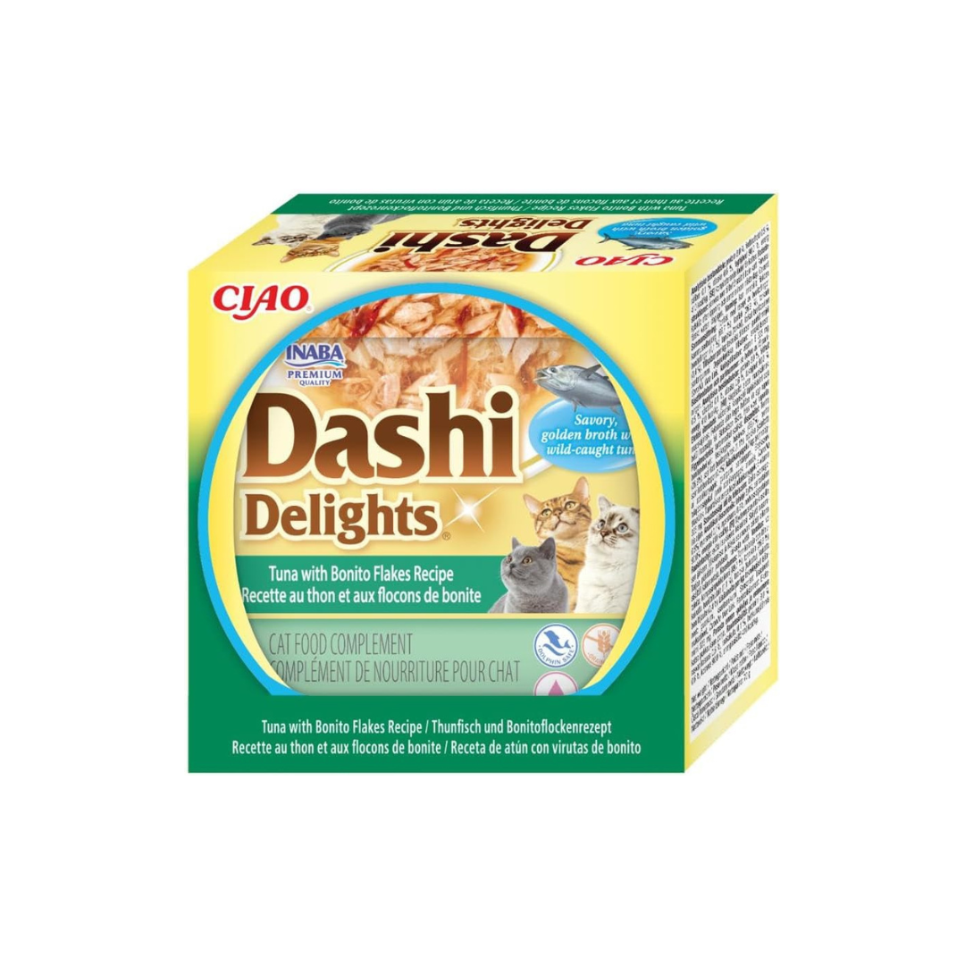 cibo umido gatto in brodo, snack naturale per gatti Inaba, Dashi Delights gatto, topping umido per crocchette, fiocchi di bonito gatti, alimenti complementari grain-free per gatti, umami gatti giapponese, snack Dashi Delights Inaba, fiocchi in brodo per gatti, snack umido grain free, topping idratante per gatti, umami brodo giapponese gatti