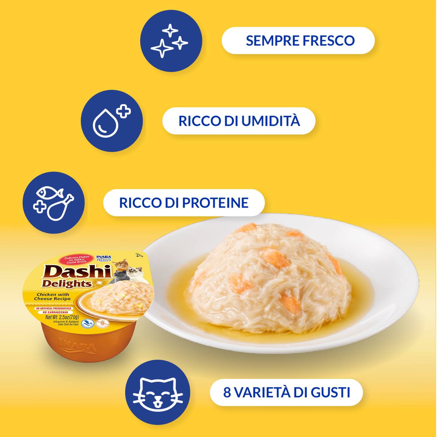 cibo umido per gatti in brodo, snack naturale per gatti Inaba, Dashi Delights gatti, topping umido per crocchette, fiocchi di bonito gatti, alimenti complementari grain-free per gatti, umami gatti giapponese, snack Dashi Delights Inaba, fiocchi in brodo per gatti, snack umido grain free, topping idratante per gatti, umami brodo giapponese gatti
