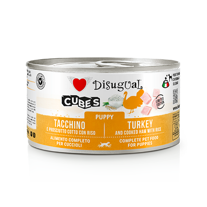 Disugual Puppy 150g, Paté per cuccioli con cubetti, Alimento umido cucciolo gluten free, Monoproteico Puppy Disugual, Paté Puppy Made in Italy, Cibo umido crescita cucciolo, Paté con carne alta percentuale cucciolo