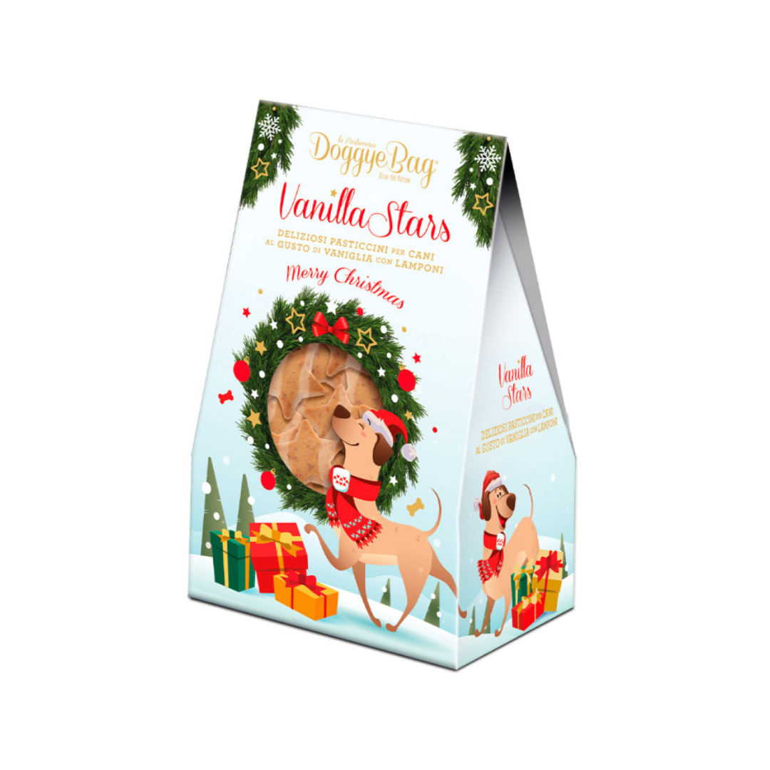 Doggye Bag Vanilla Stars, pasticcini per cani alla vaniglia, snack artigianali per cani, biscotti al forno per cani, dolcetti gourmet cane, biscotti per cani, biscotti per cane