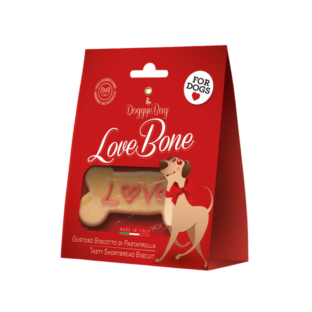 biscotto cane, biscotti San Valentino cane, snack cane artigianali, regalo cane San Valentino, biscotti decorati cane, Doggye Bag Love Bone