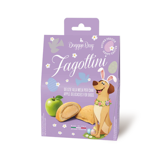 doggyebag snack cane pasqua, fagottini cane mela, biscotti cane artigianali pasquali, snack cane mela 110g, dolci per cani pasqua, doggye bag
