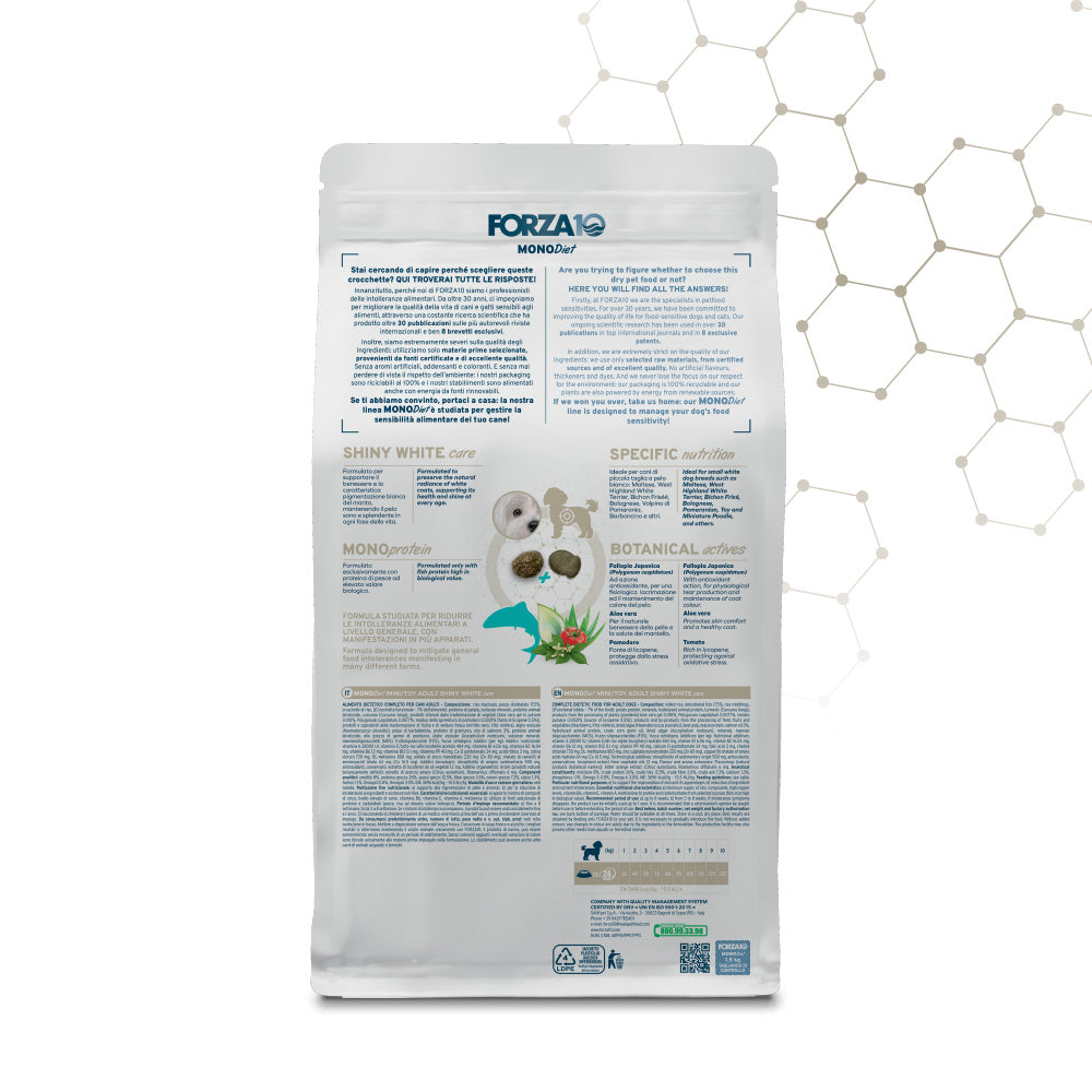 Forza10 Shiny White Care, crocchette cane pelo bianco, alimento cane mantello bianco, crocchette Maltese, crocchette Bichon Frisé, crocchette West Highland White Terrier, alimento monoproteico pesce cane, crocchette ipoallergeniche cane piccola taglia, cibo cane pelo chiaro, Forza10 Mini Toy Adult