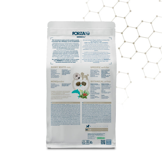 Forza10 Shiny White Care, crocchette cane pelo bianco, alimento cane mantello bianco, crocchette Maltese, crocchette Bichon Frisé, crocchette West Highland White Terrier, alimento monoproteico pesce cane, crocchette ipoallergeniche cane piccola taglia, cibo cane pelo chiaro, Forza10 Mini Toy Adult