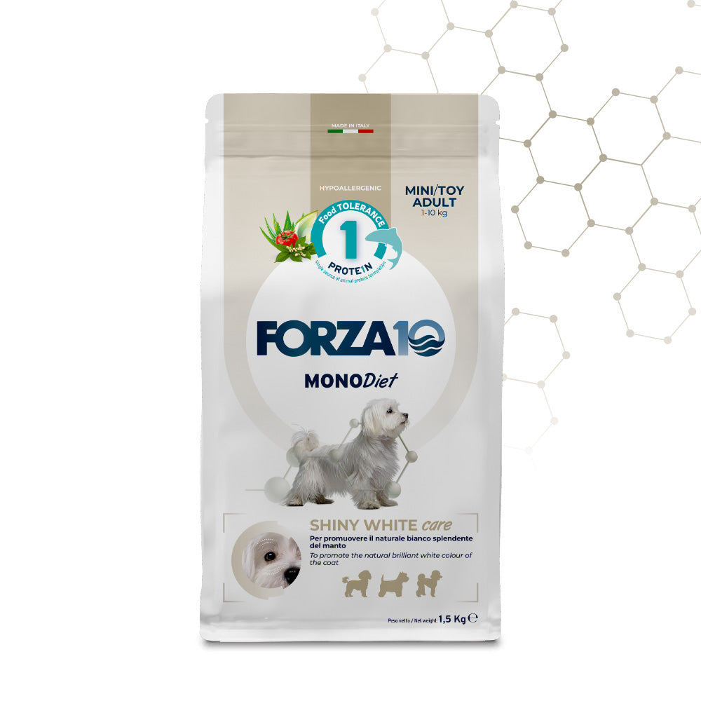Forza10 Shiny White Care, crocchette cane pelo bianco, alimento cane mantello bianco, crocchette Maltese, crocchette Bichon Frisé, crocchette West Highland White Terrier, alimento monoproteico pesce cane, crocchette ipoallergeniche cane piccola taglia, cibo cane pelo chiaro, Forza10 Mini Toy Adult