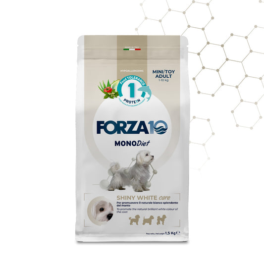 Forza10 Shiny White Care, crocchette cane pelo bianco, alimento cane mantello bianco, crocchette Maltese, crocchette Bichon Frisé, crocchette West Highland White Terrier, alimento monoproteico pesce cane, crocchette ipoallergeniche cane piccola taglia, cibo cane pelo chiaro, Forza10 Mini Toy Adult