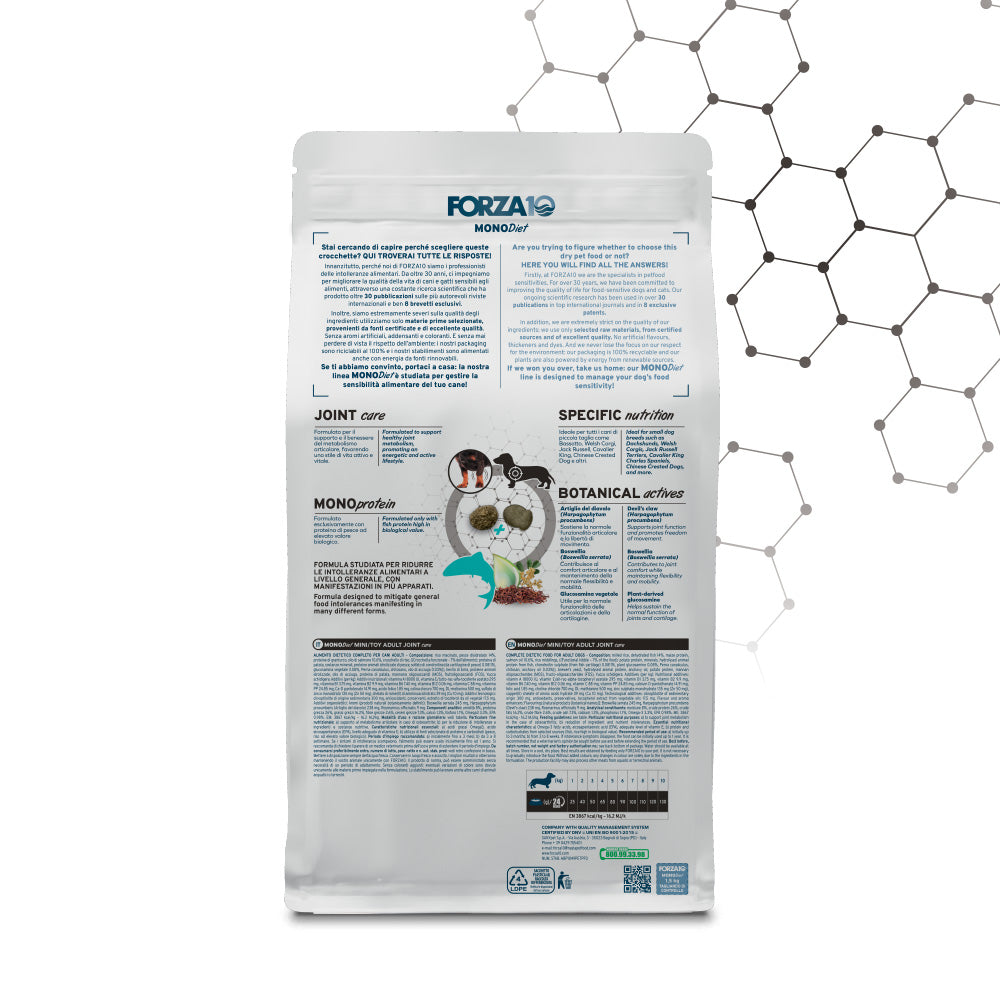 Forza 10 Joint Care Mini Toy Adult, crocchette articolazioni cane, alimento cane supporto articolare, crocchette cane piccola taglia, alimento monoproteico pesce cane, crocchette ipoallergeniche cane, cibo cane con glucosamina, crocchette cane con boswellia, alimento cane mobilità articolare, Forza10 Joint Care
