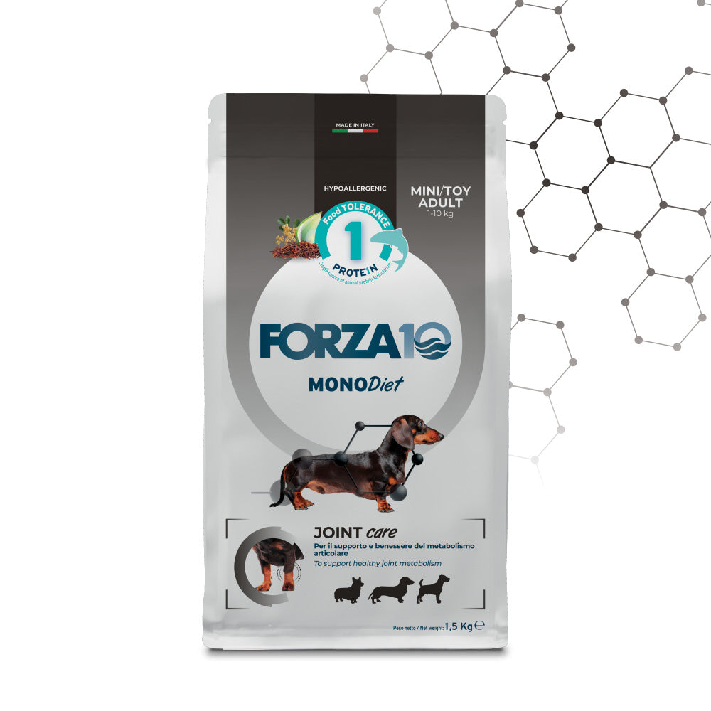 Forza 10 Joint Care Mini Toy Adult, crocchette articolazioni cane, alimento cane supporto articolare, crocchette cane piccola taglia, alimento monoproteico pesce cane, crocchette ipoallergeniche cane, cibo cane con glucosamina, crocchette cane con boswellia, alimento cane mobilità articolare, Forza10 Joint Care