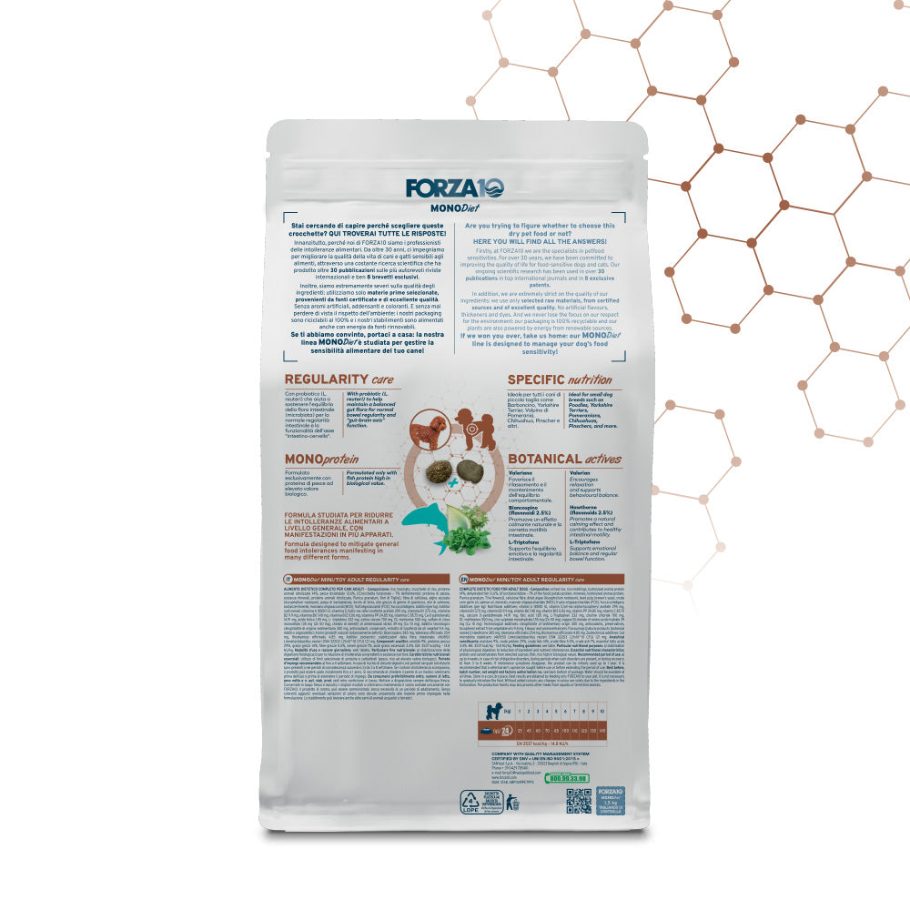 Forza 10 Regularity Care, crocchette cane intestino sensibile, crocchette cane piccola taglia, alimento cane regolarità intestinale, crocchette probiotiche cane, Forza10 Mini Toy Adult, alimento monoproteico pesce cane, crocchette ipoallergeniche cane, cibo cane microbiota intestinale, crocchette cane digestione delicata