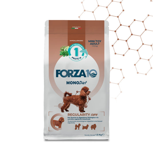 Forza 10 Regularity Care, crocchette cane intestino sensibile, crocchette cane piccola taglia, alimento cane regolarità intestinale, crocchette probiotiche cane, Forza10 Mini Toy Adult, alimento monoproteico pesce cane, crocchette ipoallergeniche cane, cibo cane microbiota intestinale, crocchette cane digestione delicata