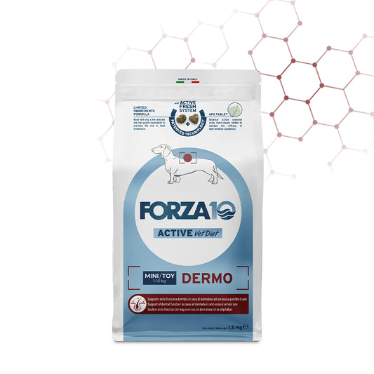 Forza 10 Dermo Mini Toy, Forza 10 crocchette cane dermatite, cibo dietetico pelle cane, Forza10 Active Vet Diet, crocchette veterinarie cane piccola taglia