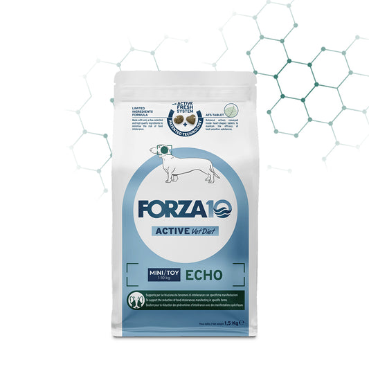 Forza 10 Echo Mini Toy, Forza 10 crocchette cane otite, cibo dietetico disturbi orecchie cane, Forza10 Active Vet Diet cane, crocchette cane piccola taglia veterinarie