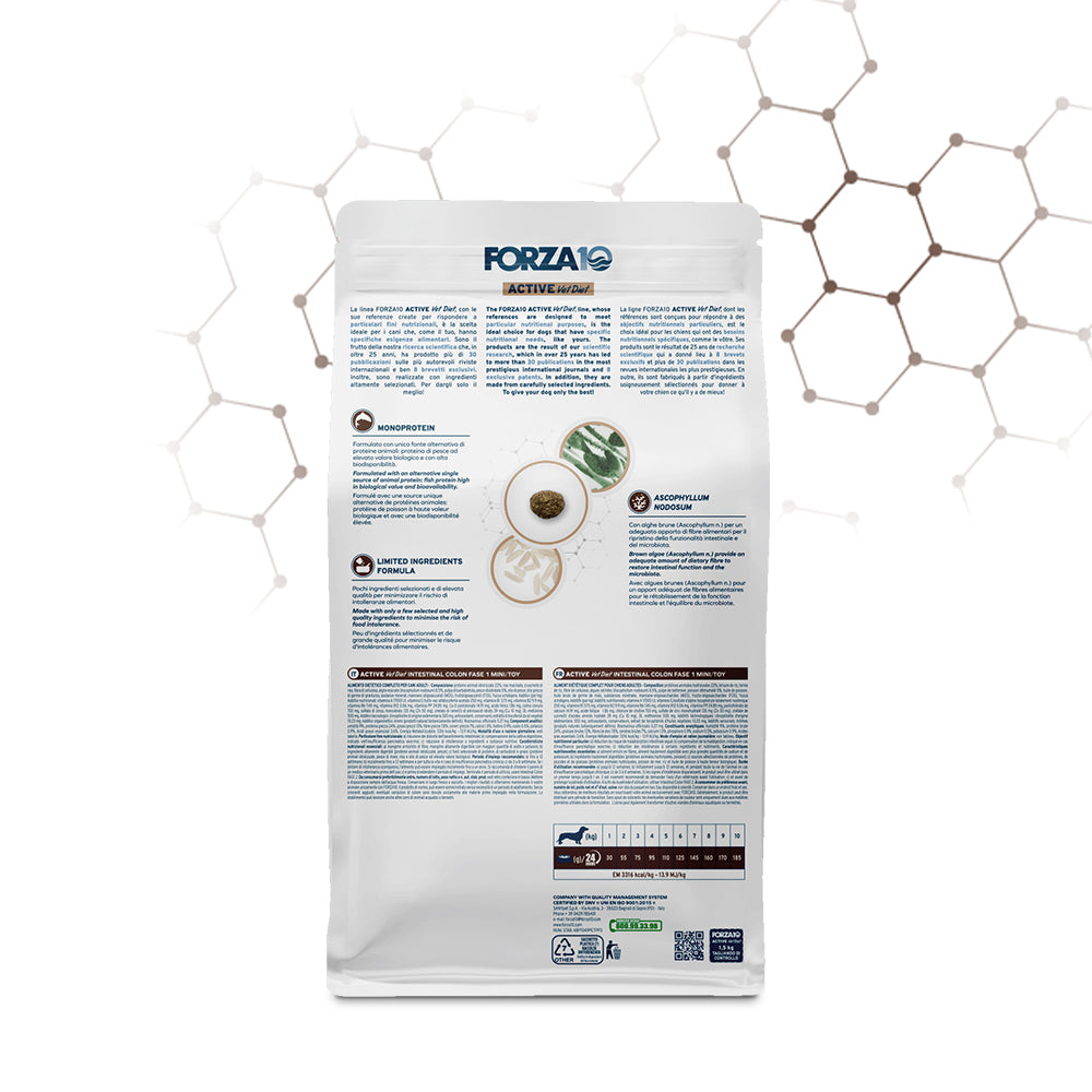 Forza 10 Intestinal Colon Fase 1 Mini Toy, crocchette cane disturbi intestinali, cibo dietetico colon cane, Forza10 Active Vet Diet, crocchette veterinarie cane piccola taglia, forza 10 crocchette pesce