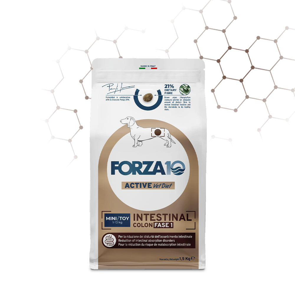 Forza 10 Intestinal Colon Fase 1 Mini Toy, crocchette cane disturbi intestinali, cibo dietetico colon cane, Forza10 Active Vet Diet, crocchette veterinarie cane piccola taglia, forza 10 crocchette pesce