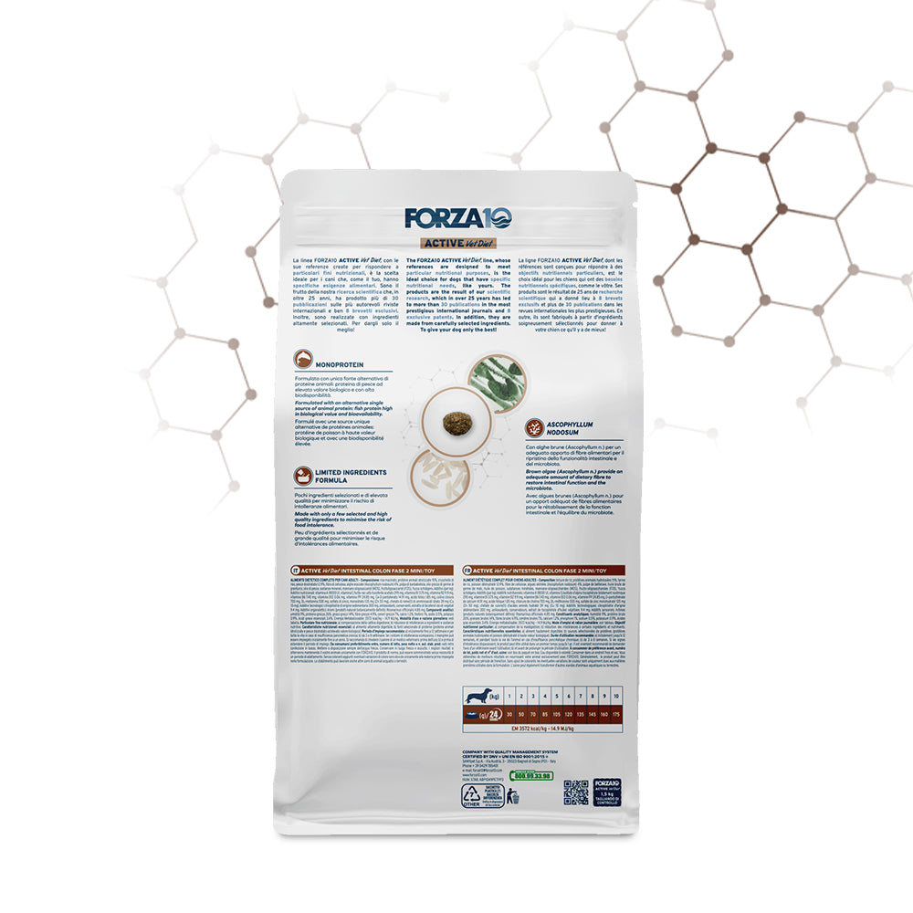 Forza 10 crocchette cane Intestinal Colon Fase 2 Mini Toy, crocchette cane colon, cibo dietetico intestinale cane, Forza10 Active Vet Diet, crocchette veterinarie cane piccola taglia