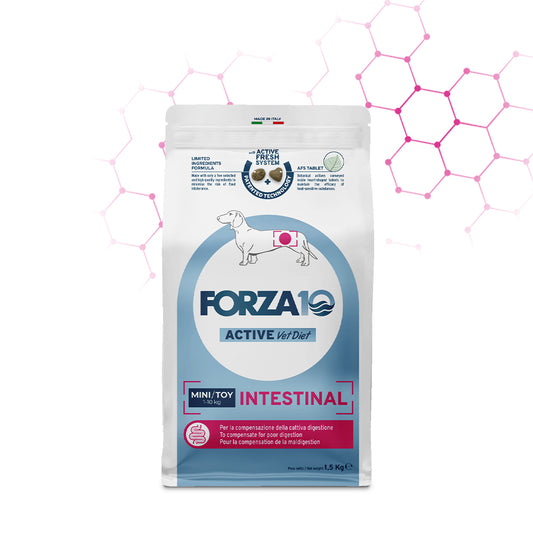 Forza 10 Intestinal Mini Toy, Forza 10 crocchette cane disturbi intestinali, cibo dietetico intestinale cane, Forza 10 Active Vet Diet, crocchette veterinarie cane piccola taglia