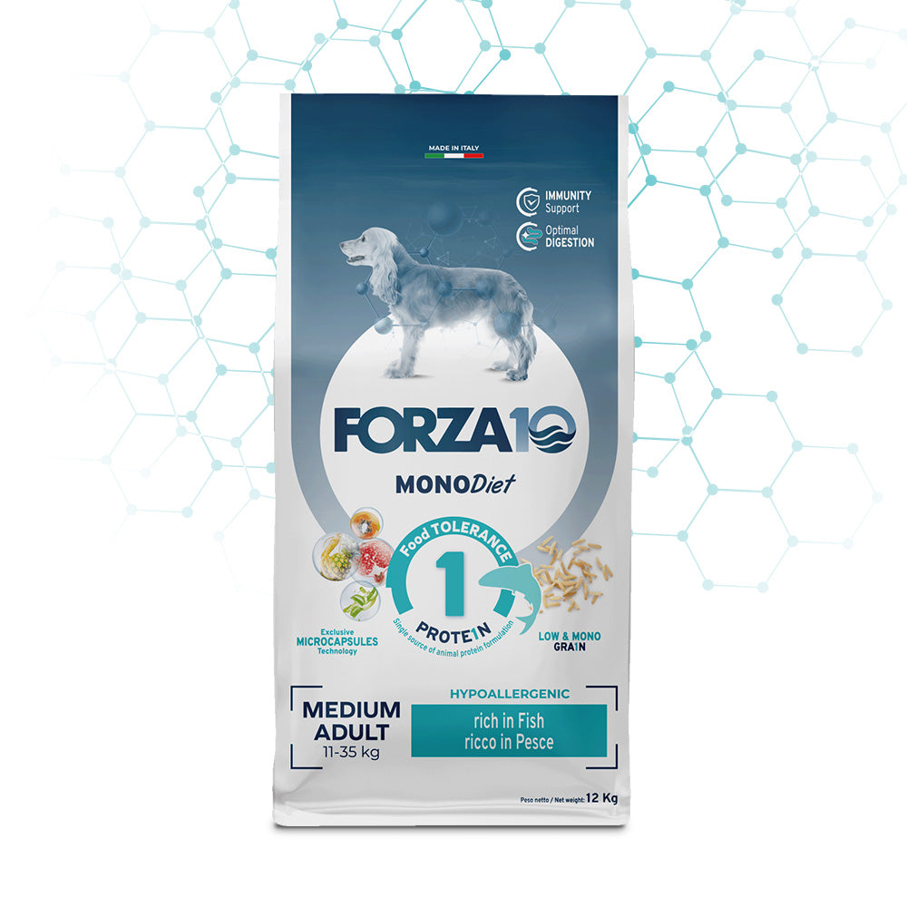 Forza 10 crocchette cane, Forza 10 crocchette cane pesce, Forza 10 mono diet pesce, crocchette cane monoproteiche, cibo cane intolleranze alimentari, Forza 10 dieta veterinaria, crocchette cane taglia media