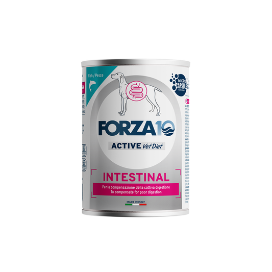 Forza 10 Intestinal Active cane, umido dietetico cane intestino, lattina cane disturbi intestinali, Forza10 Active Vet Diet umido, cibo veterinario cane al pesce