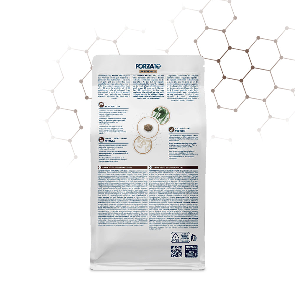 Forza10 intestinal colon gatti, crocchette per gatti con problemi intestinali, alimento veterinario per gatti digestione sensibile, dieta veterinaria intestinal colon, cibo monoproteico per gatti, alimento per gatti con intolleranze alimentari, crocchette per gatti con colite, forza 10 vet diet colon, cibo per gatti con problemi digestivi