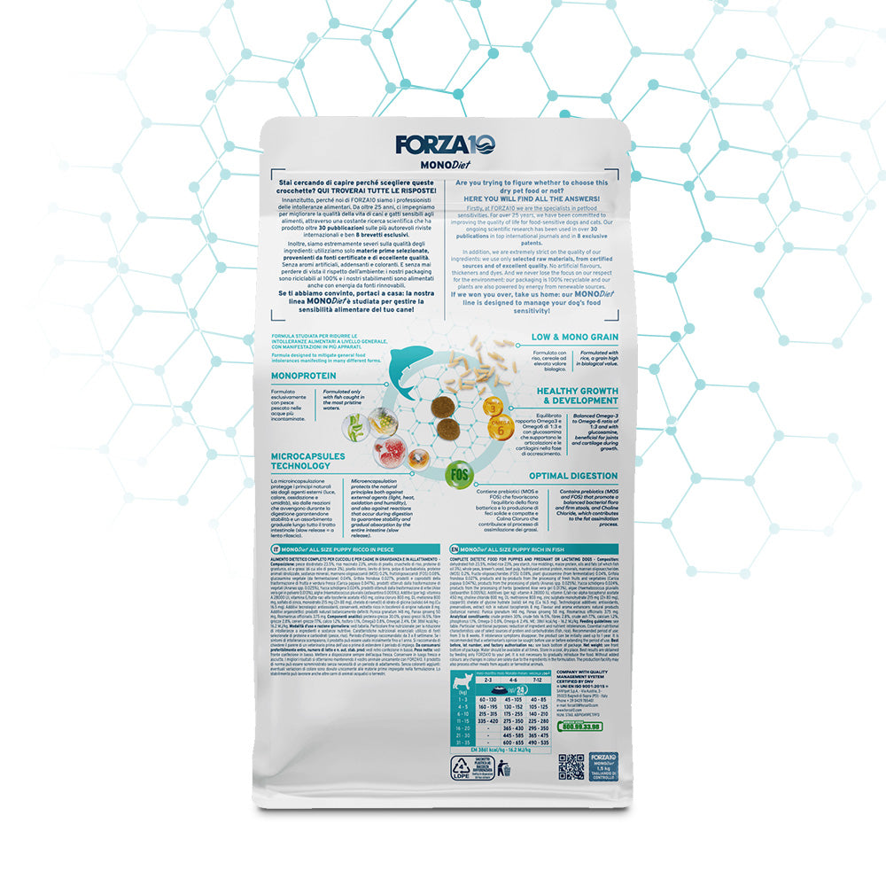 Forza 10 Crocchette Puppy, crocchette cucciolo pesce, crocchette ipoallergeniche cane, alimento ipoallergenico cuccioli cane, cibo low grain cuccioli, Forza10 puppy 1,5 kg