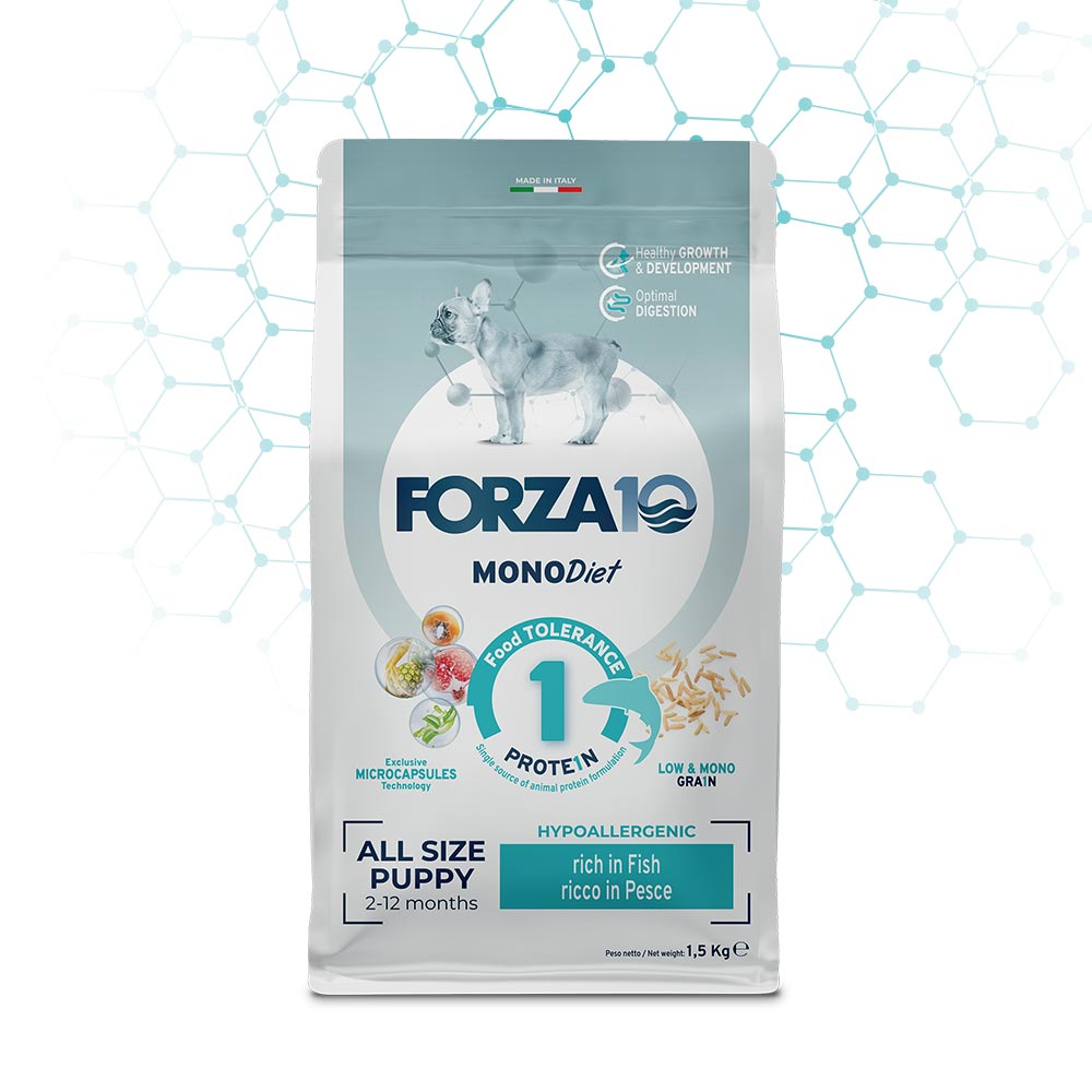 Forza 10 Crocchette Puppy, crocchette cucciolo pesce, crocchette ipoallergeniche cane, alimento ipoallergenico cuccioli cane, cibo low grain cuccioli, Forza10 puppy 1,5 kg