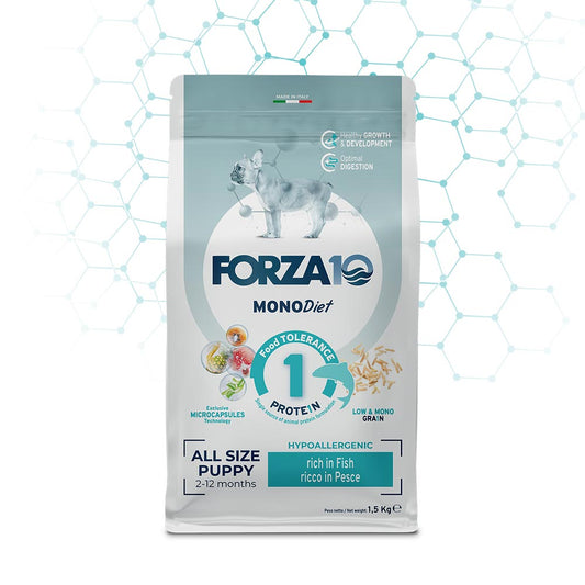 Forza 10 Crocchette Puppy, crocchette cucciolo pesce, crocchette ipoallergeniche cane, alimento ipoallergenico cuccioli cane, cibo low grain cuccioli, Forza10 puppy 1,5 kg