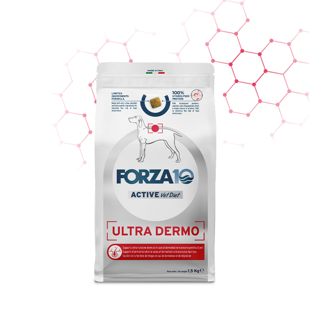 Forza10 Ultra Dermo cane, dieta dermatologica cane, crocchette cane dermatite, cibo per cani allergie cutanee, Forza10 Active Vet Diet 1,5 kg, alimento dermatite atopica cane