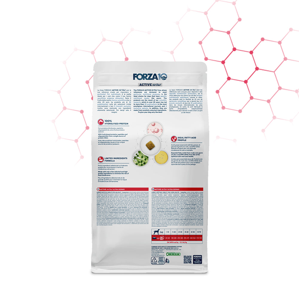 Forza10 Ultra Dermo cane, dieta dermatologica cane, crocchette cane dermatite, cibo per cani allergie cutanee, Forza10 Active Vet Diet 10 kg, alimento dermatite atopica cane