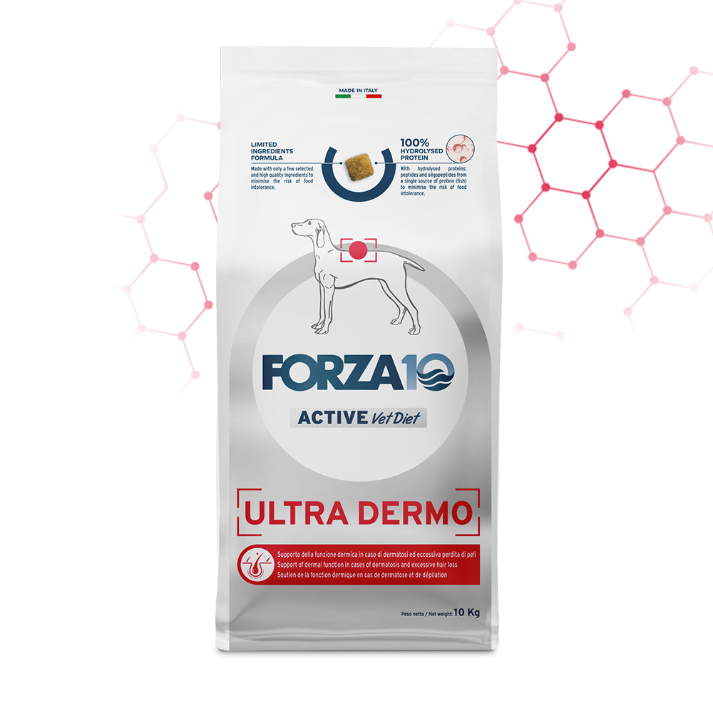 Forza10 Ultra Dermo cane, dieta dermatologica cane, crocchette cane dermatite, cibo per cani allergie cutanee, Forza10 Active Vet Diet 10 kg, alimento dermatite atopica cane