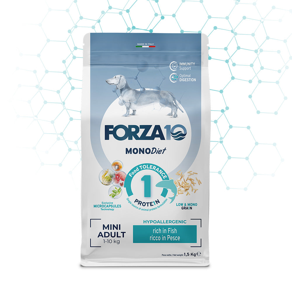 Forza 10 Crocchette Cane Mini Diet Mono, Forza10 Mono Diet Mini, crocchette ipoallergeniche cane, cibo per cani piccola taglia, alimentazione cane con allergie, crocchette monoproteiche per cani