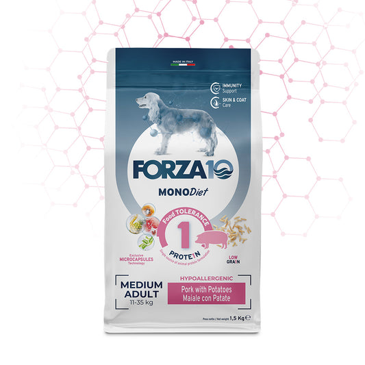Forza 10 Crocchette Cane Medium Diet Mono, Forza10 Mono Diet Medium, crocchette al maiale per cani, cibo ipoallergenico cane media taglia, alimentazione cane con allergie, crocchette monoproteiche Forza10