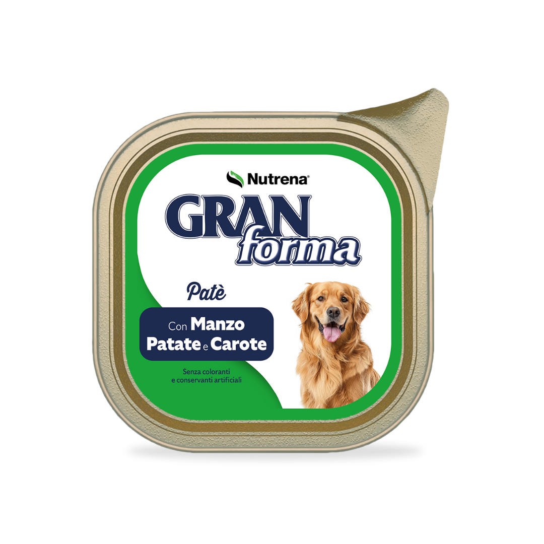 umido cane patè vellutati 300g, umido cani patè, GranForma vaschetta umido cane, patè doppia proteina cani adulti, cibo umido senza conservanti cane