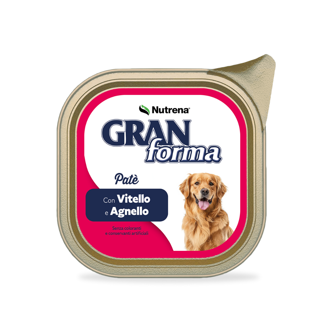 umido cane patè vellutati 300g, umido cani patè, GranForma vaschetta umido cane, patè doppia proteina cani adulti, cibo umido senza conservanti cane