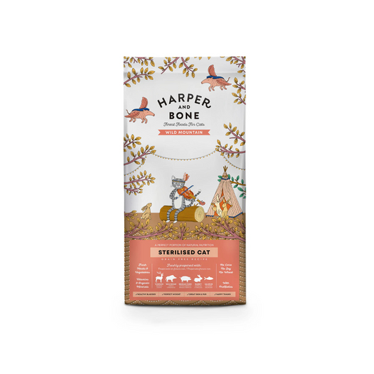 Crocchette premium Harper & Bone per gatti sterilizzati: proteine nobili, low grain, superfood, supporto urinario e peso forma. Packaging eco, crocchette gatti sterilizzati low grain, Harper & Bone Sterilised, cibo gatti sterilizzati proteico, crocchette superfood gatto sterilizzato