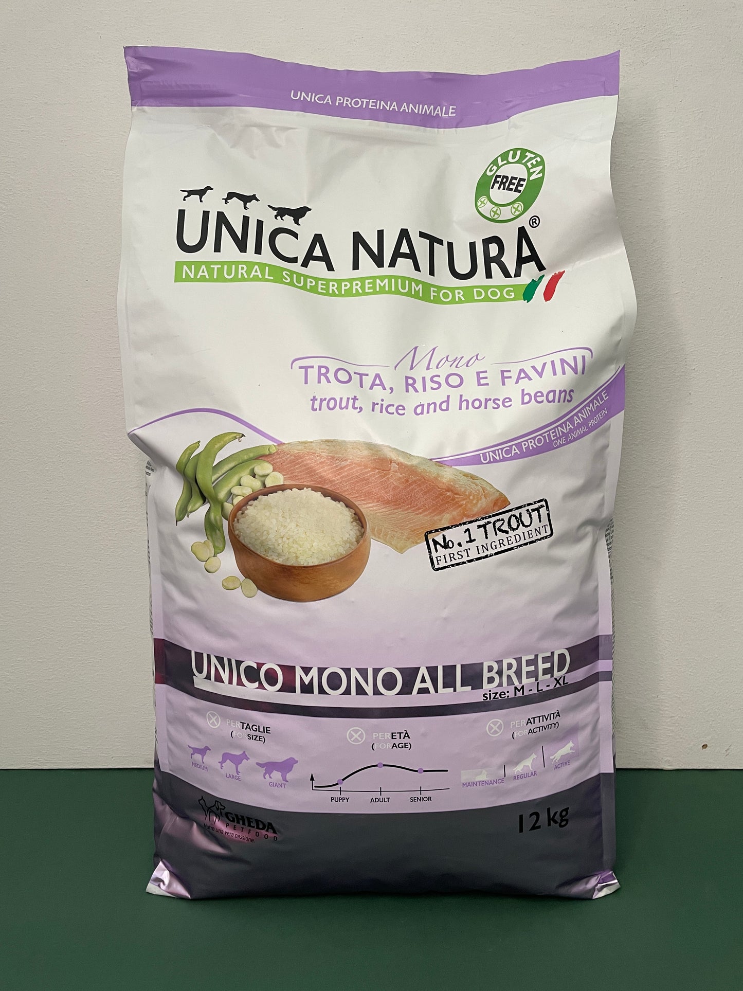 Gheda - Crocchette per cani MONOPROTEICHE Senza Glutine Unica Natura Medium/Maxi 12Kg