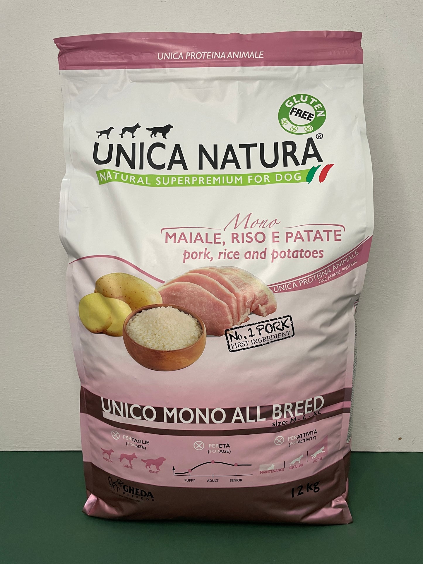 Gheda - Crocchette per cani MONOPROTEICHE Senza Glutine Unica Natura Medium/Maxi 12Kg