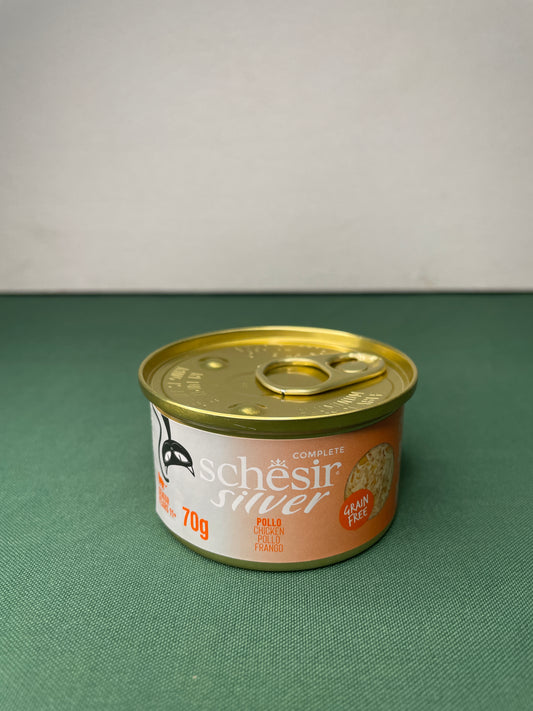 Schesir - Bustine di Umido Completo in Filetti in Brodo Senza Cereali per Gatti Anziani Silver Mousse 70g