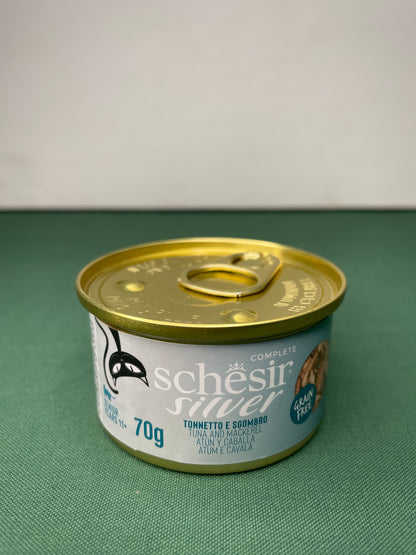 Schesir - Bustine di Umido Completo in Filetti in Brodo Senza Cereali per Gatti Anziani Silver Mousse 70g