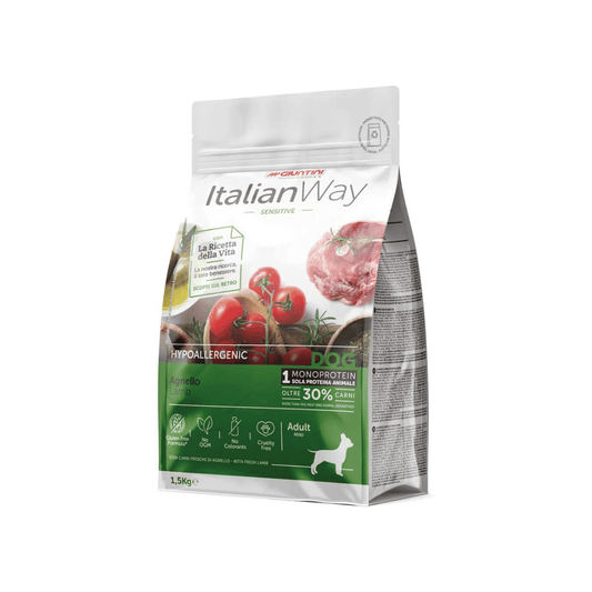 ItalianWay Sensitive Agnello, crocchette monoproteiche cane mini, alimento cane sensibile agnello, crocchette cane piccola taglia, cibo cane digestione delicata, crocchette cane con olio di oliva, alimento cane con rosmarino, crocchette cane monoproteiche agnello, ItalianWay cane mini, crocchette cane intolleranze alimentari