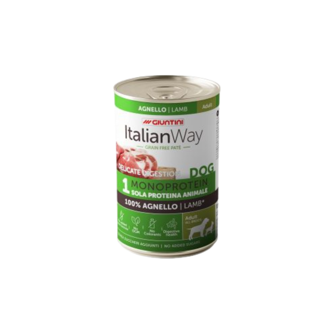 italianway umido monoproteico, cibo umido monoproteico cane adulto, umido naturale per cani adulti, alimento completo cane italiano, monoproteico cane intolleranze, italianway cane 400g, cibo per cani sensibili, umido ad alta digeribilità cane