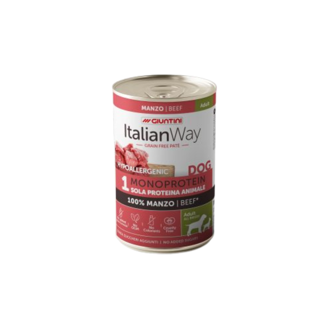 italianway umido monoproteico, cibo umido monoproteico cane adulto, umido naturale per cani adulti, alimento completo cane italiano, monoproteico cane intolleranze, italianway cane 400g, cibo per cani sensibili, umido ad alta digeribilità cane