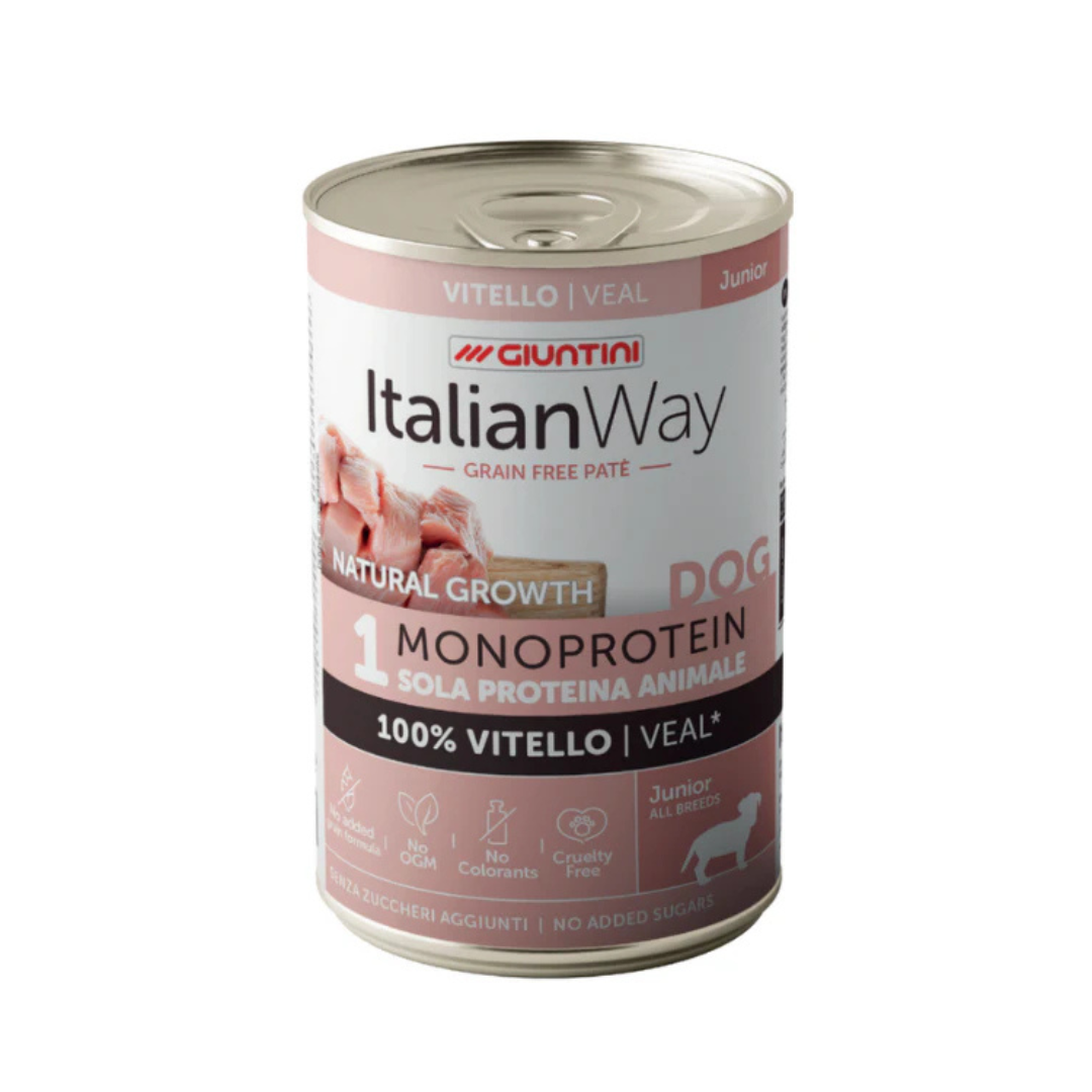 italianway umido monoproteico cane puppy, umido cane cucciolo vitello 400g, alimento naturale cane cucciolo, cibo monoproteico cane alta digeribilità, lattina puppy vitello