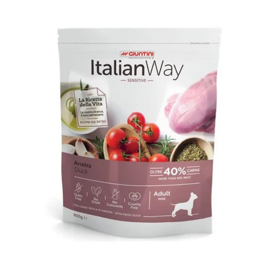 Italianway crocchette, crocchette monoproteiche cane, crocchette anatra cane mini grain free, Italian Way Sensitive Mini Anatra, cibo ipoallergenico cane piccola taglia, alimento omega 3 6 cane, crocchette low carb cane sensibile